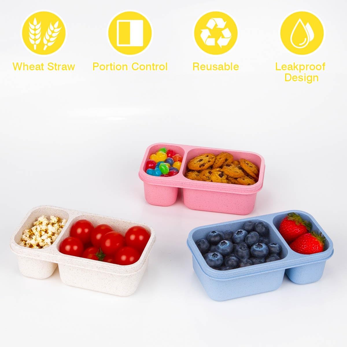DOSEWART 2-Compartment Reusable Snack Containers with Lids, Wheat Straw Reusable Snack Packs for Food Storage Meal Prep On-the-Go Snacking(3Pack)