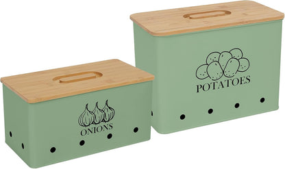 Potato and Onion Storage Bin Set of 2, Vented Metal Vegetable Storage with Wooden Lids, Farmhouse Kitchen Canisters for Countertop Pantry Organizer, Potato Bin Onion Holder for Produce Storage, Black