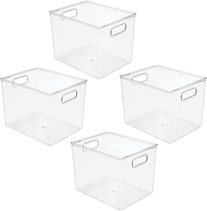 mDesign Plastic Deep Kitchen and Pantry Organizer Storage Bin with Handles for Cabinet, Fridge, Freezer - Food Storage Containers for Snacks, Yogurt Pouches or Fruit, Ligne Collection, 4 Pack, Clear