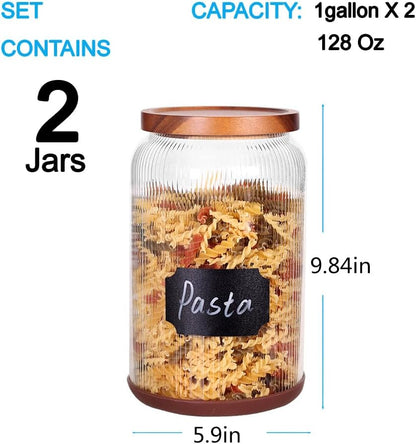 SAIOOL 2-Pack Striped Borosilicate Glass Airtight Canisters - Big mouth Large Capacity, Acacia Wood Lid, Food Storage Jars for Flour, Pasta, Pantry Organization (1/2 Gallon （Yellow Press lid 2 pack）)
