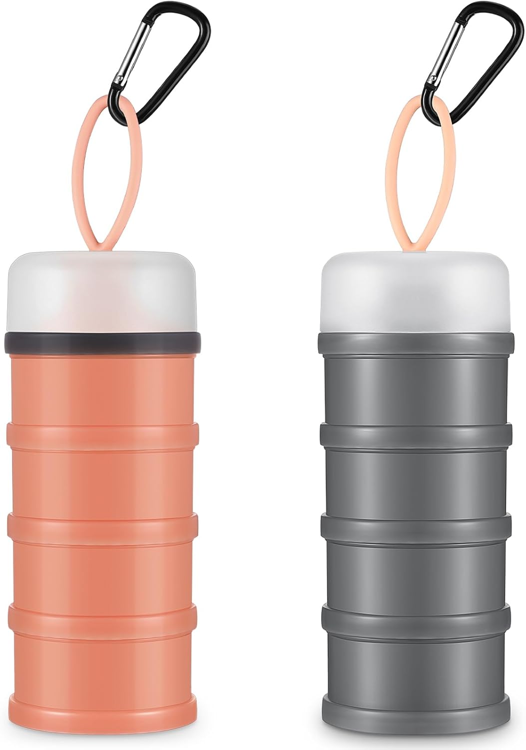 Baderke 2 Pcs Protein Powder Container with Funnels Stand, 4 Stackable Leakproof Protein Powder Dispenser, Portable Keychain Powder Container for Workout, Fitness, Travel(Gray, White)