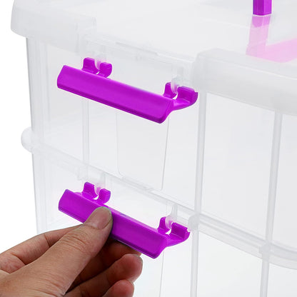 JUXYES 2-Tiers Stack Carry Storage Box With Handle, Transparent Stackable Storage Bin With Handle Lid Latching Storage Container for School & Office Supplies (Red)