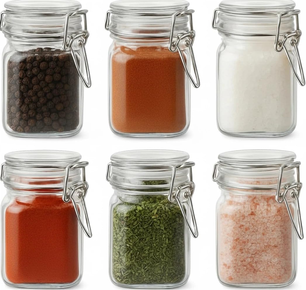 17oz Airtight Glass Jars, 6 Pack Clamp Lid Canisters, Small Food Storage Containers for Spices, Nuts, Snacks, Canning Jar for Jams & Pickling, Pantry Organization