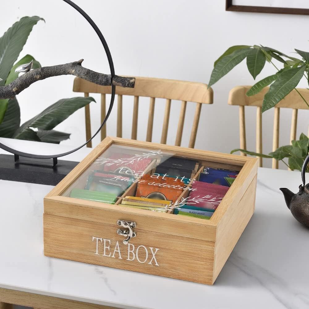 Tea Box Organizer,Wood Tea Bag Holder Organizer,Modern Teas Bag Storage with 9 Compartments and Glass Cover for Home Office Gift