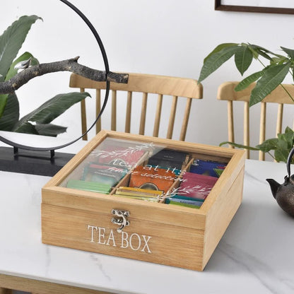 Tea Box Organizer,Wood Tea Bag Holder Organizer,Modern Teas Bag Storage with 9 Compartments and Glass Cover for Home Office Gift