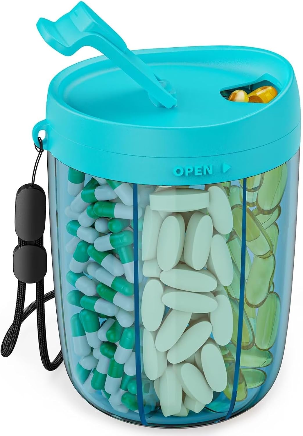 PULIV Large Pill Bottle Organizer for Holding 6 Various Vitamins without Filling Hassle, Supplement Organizer for Travel, Anti-Mixing Pill Box Case with Wide Opening for Easy Pill Retrieval, 20 Labels
