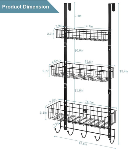 Over the Door Pantry Organizer 3 Tier Hanging Basket Back Door Storage Rack Shelf Metal Over the Door Shelves with 3 Baskets and 5 Hooks for Bathroom Kitchen Pantry Bedroom, Black
