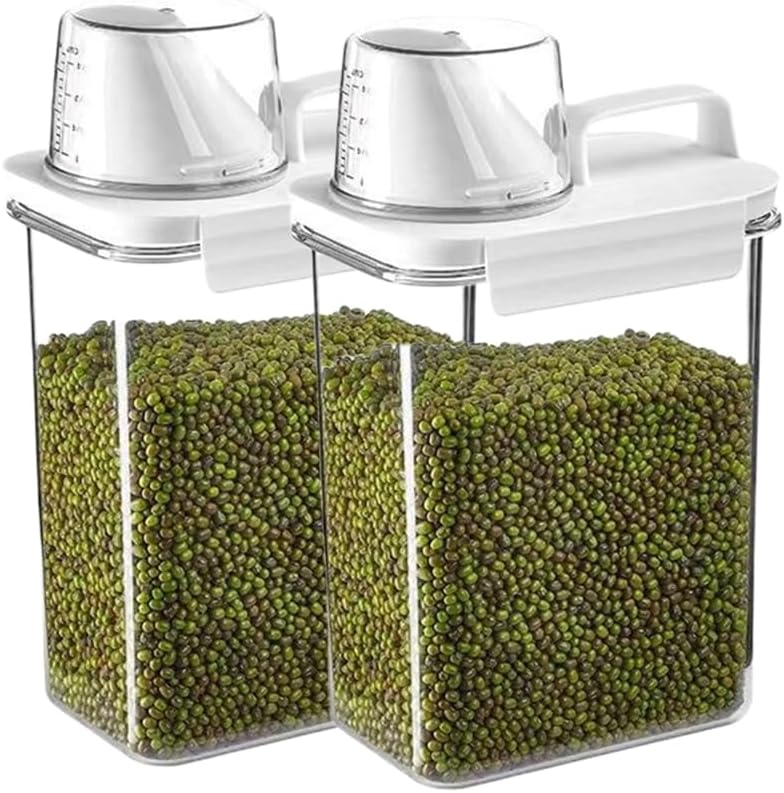 2Pcs Rice Dispenser Storage Containers, 1.1L Small Rice Bucket with Measuring Cup & Pour Spout, Kitchen Plastic Airtight Container for Cereal, Grain, Flour, Sugar, Oatmeal, Dry Pet Dog Food