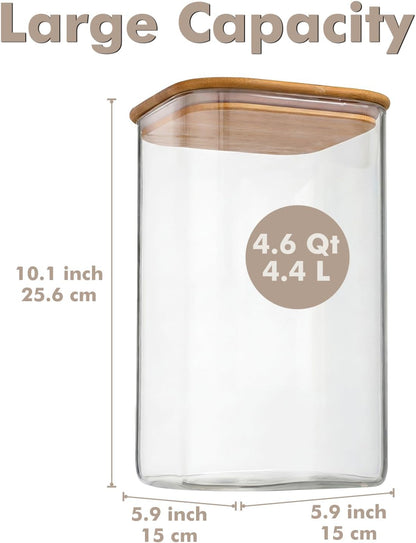 3-Pack 2.2Qt Square Glass Spaghetti Jars with Bamboo Lids, Tall Food Storage Containers for Pantry Organization, Elegant Kitchen Storage Canister for Pasta, Penne, Macaroni, Lasagna, Fusilli