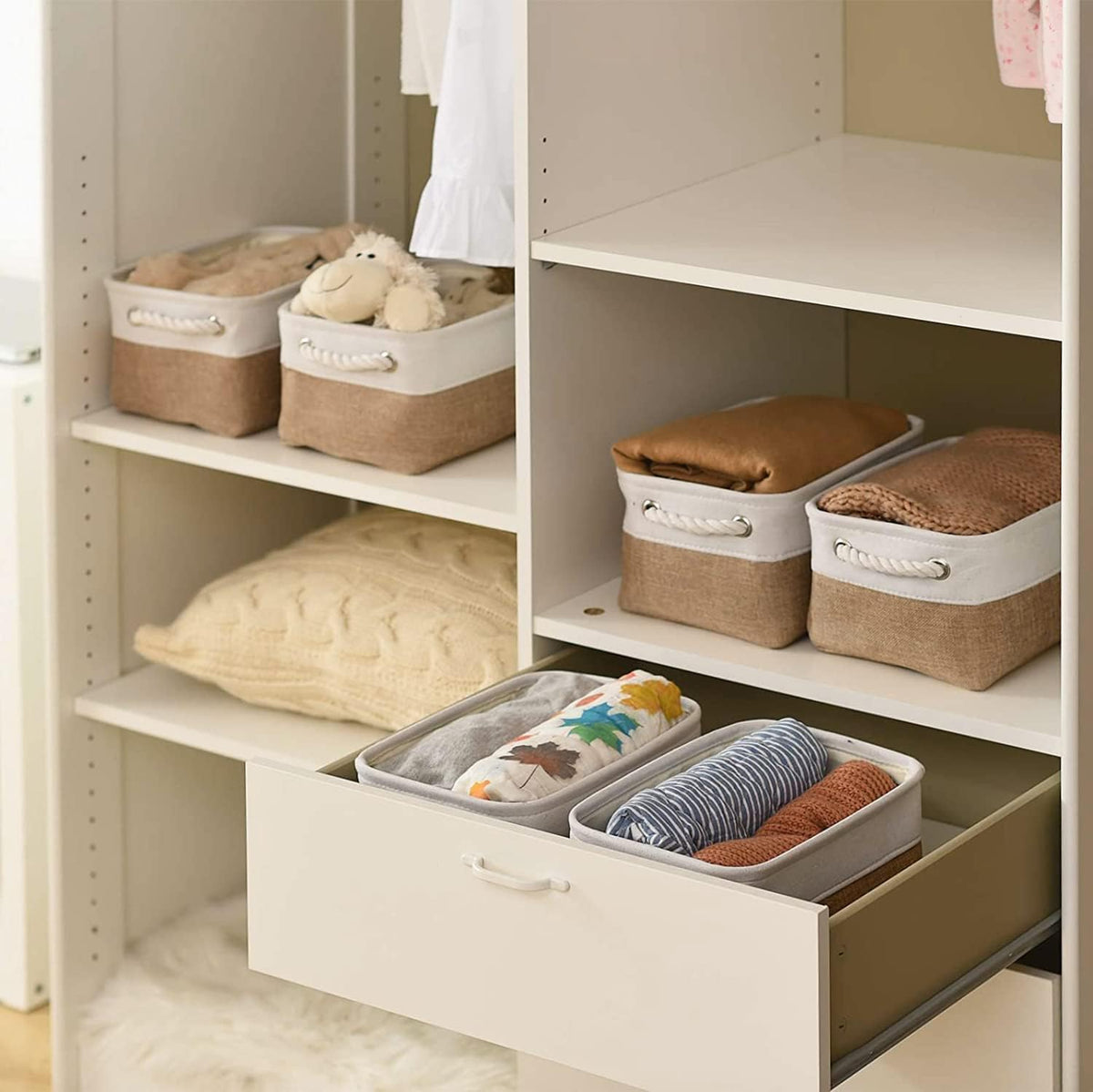 Fabric Storage Bins 12x8x5 inch [6-Pack] with Rope Handles - Decorative Baskets for Organizing
