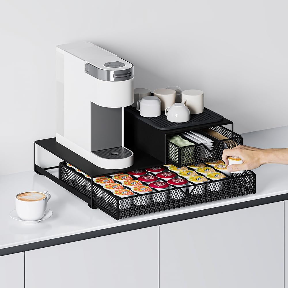 K Cup Organizer for Coffee Station - Sturdy Machine Base 60 Coffee Pod Storage Drawer, Non-Sagging Stand Compatible with Keurig K-Cup Pods, Anti-Vibration, No Assembly (Black)