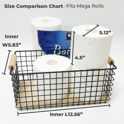 Wire Storage Baskets with Solid Wood Handles, Set of 2 – Metal Organizer Basket with MDF Base for Kitchen Countertop, Bathroom, Pantry, Entryway, Office | 12.8” x 6.25” | Black