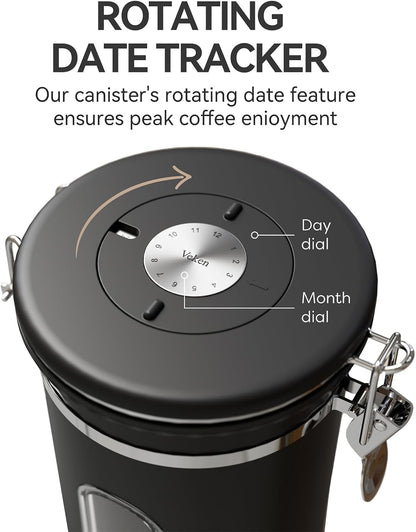 Veken Coffee Canister with Window, Family Choice Awards Winner, Airtight Stainless Steel Home Kitchen Food Storage Container with Lids for Grounds, Beans, Tea, Flour,Cereal,Sugar Jars,Scoop,16OZ,Black