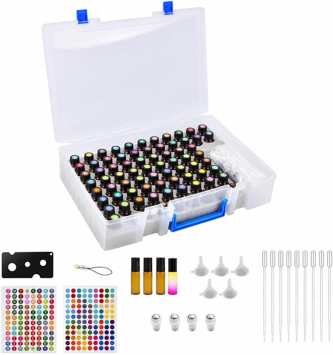 ALCYON Essential Oil Storage Case for 75 Bottles, Clear Plastic Organizer Box for 5ml 10ml 15ml Bottles, Essential Oils Bottle Holder with Removable Foam Insert, Stickers, Opener, Funnels & Pipettes