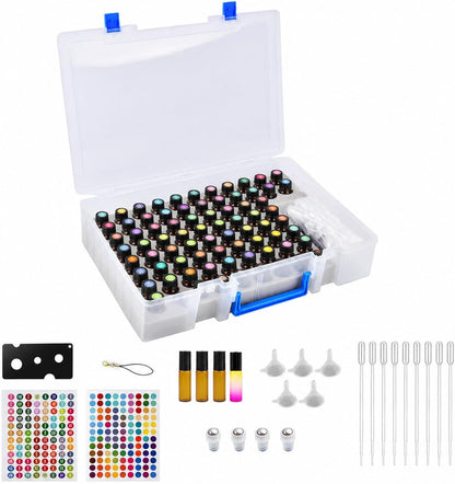ALCYON Essential Oil Storage Case for 75 Bottles, Clear Plastic Organizer Box for 5ml 10ml 15ml Bottles, Essential Oils Bottle Holder with Removable Foam Insert, Stickers, Opener, Funnels & Pipettes