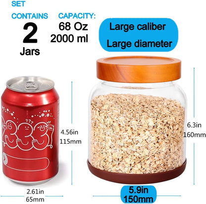 SAIOOL 2-Pack Striped Borosilicate Glass Airtight Canisters - Big mouth Large Capacity, Acacia Wood Lid, Food Storage Jars for Flour, Pasta, Pantry Organization (1/2 Gallon （Yellow Press lid 2 pack）)