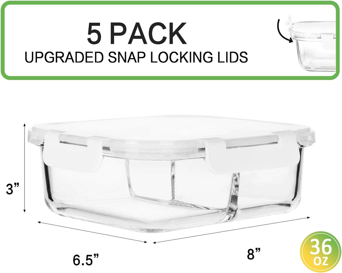 M MCIRCO [5-Pack, 36 oz] Glass Meal Prep Containers 3 Compartment with Lids, Glass Lunch Containers,Food Prep Lunch Box,Bento Box,Microwave, Oven, Freezer, Dishwasher (4.5 Cups)