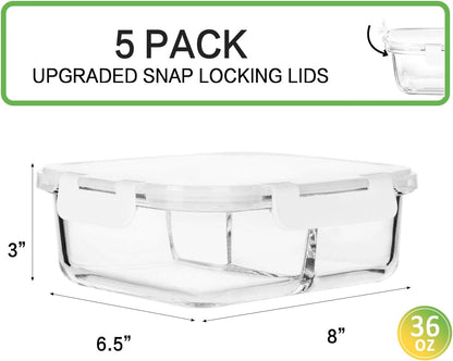 M MCIRCO [5-Pack, 36 oz] Glass Meal Prep Containers 3 Compartment with Lids, Glass Lunch Containers,Food Prep Lunch Box,Bento Box,Microwave, Oven, Freezer, Dishwasher (4.5 Cups)
