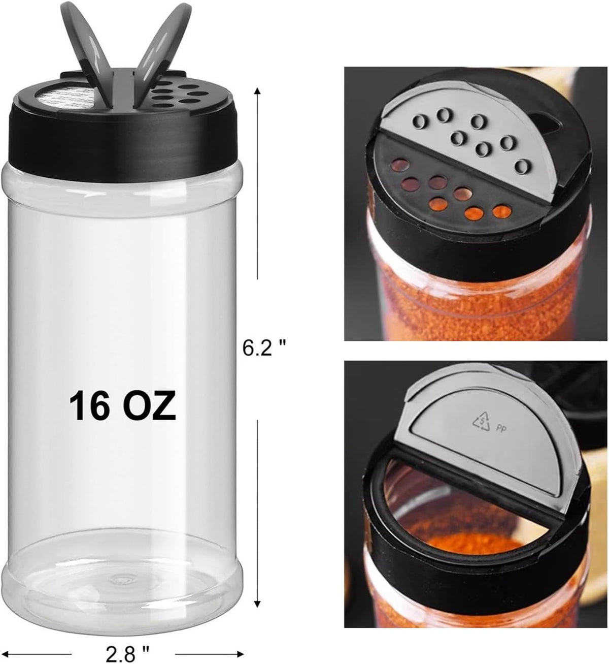 TUZAZO 16 Oz Spice Bottles Plastic Seasoning Containers, 6 PACK Large Plastic Spice Jars with Shaker Lids Empty for Spice & Herbs, Powders, Glitters, BPA Free | Wide Mouth | Dual Flip Tops