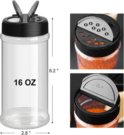 TUZAZO 16 Oz Spice Bottles Plastic Seasoning Containers, 6 PACK Large Plastic Spice Jars with Shaker Lids Empty for Spice & Herbs, Powders, Glitters, BPA Free | Wide Mouth | Dual Flip Tops