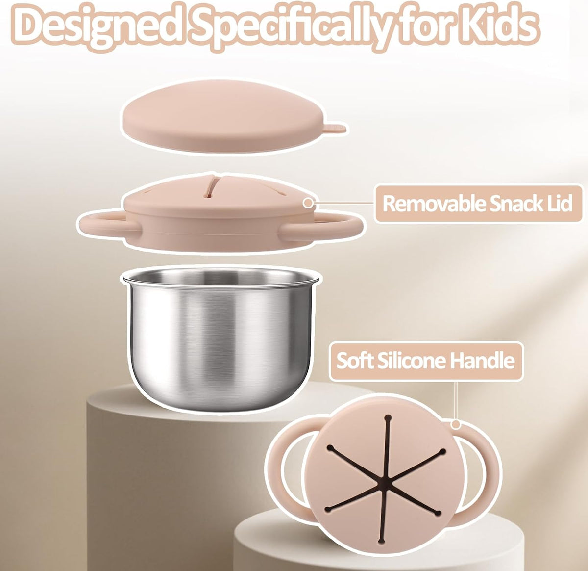 BUSOHA 2 Pack Stainless Steel Toddler Snack Cups - 9 OZ Spill-Proof Baby Snack Containers with Silicone Catcher and Lid Travel Snack Containers for Kids Food Grade Silicone Dishwasher Safe