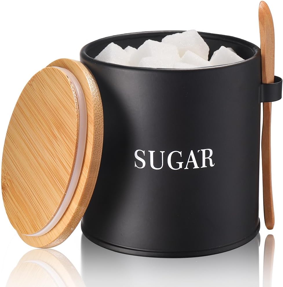 AISBUGUR Sugar Bowl with Lid and Spoon: 17oz Metal Sugar Container - Airtight Food Sugar Jar - Coffee Bar Accessories - Countertop Kitchen Decor (White)
