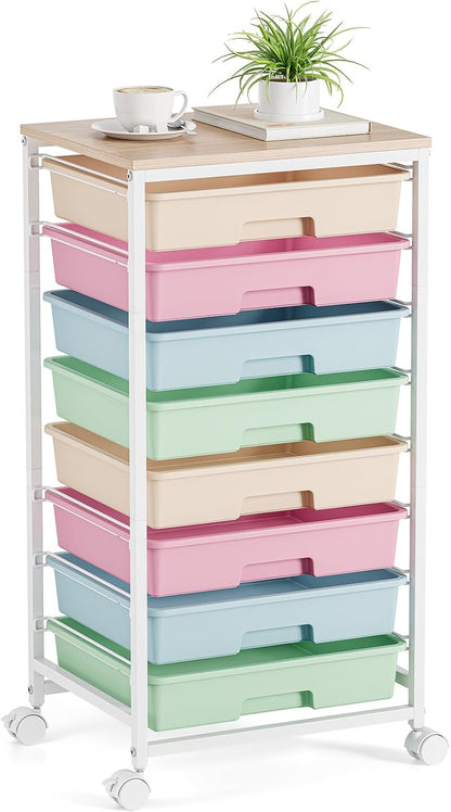 Rolling Cart with Drawers, Pink Cart with 8 Plastic Drawer Storage and Wooden Tabletop, Craft Storage, Teacher Cart, Storage Cart on Wheels, Rose Pink