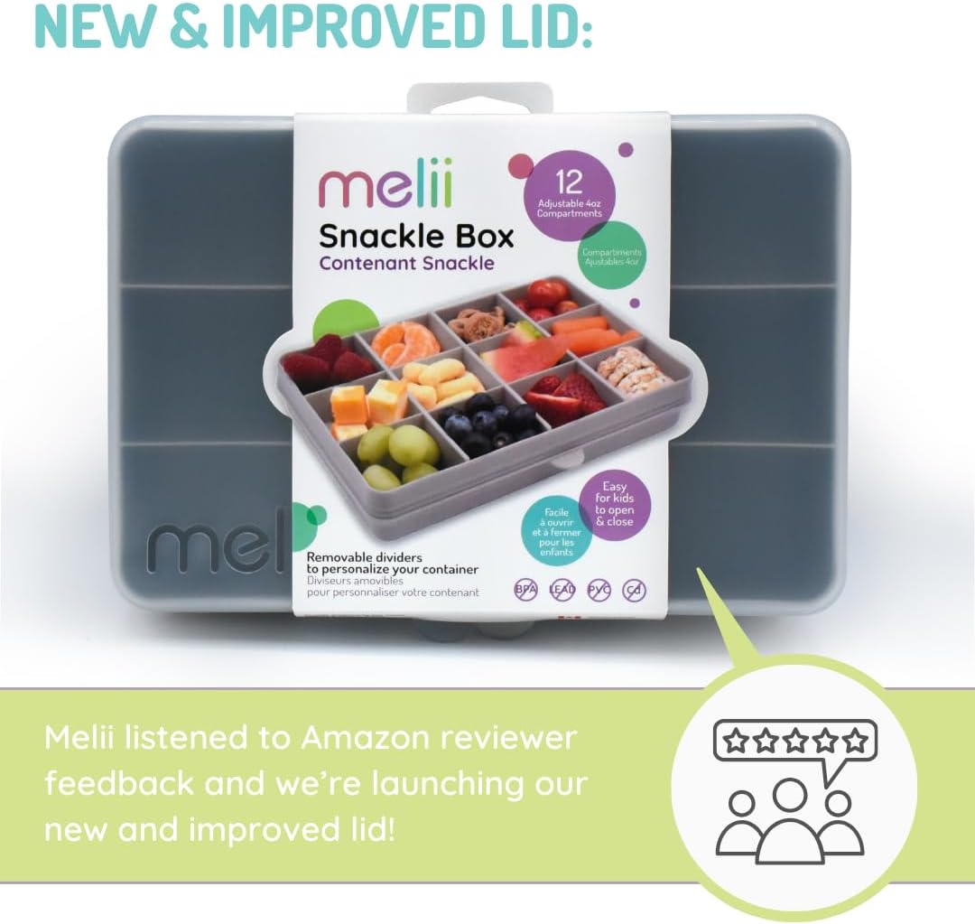 melii Snackle Box |12-Compartment Snack Container with Removable Dividers, BPA-Free Food Storage for Travel, School & On-the-Go Snacks, Kids & Family Organizer (Grey)