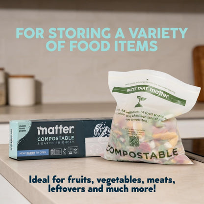 Matter Compostable Assorted Kitchen Bags, 230 Count, Biodegradable, Eco-Friendly Resealable Food Storage Variety Pack, 80 Snack, 80 Sandwich, 50 Quart & 20 Gallon