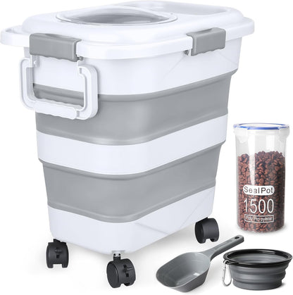 Dog Food Storage Container，10-25 lbs Airtight Collapsible Cat Food Storage Container with Attachable Wheels, Portable Handle, Dog Food Scoop for Dog Cat Bird Pet Dry Food Storage Bin Dark Grey