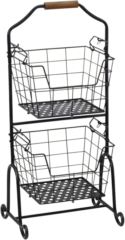 Mikasa Gourmet Basics Ferme 4-Tier Market Basket - Antique Black Wire and Acacia Wood Handle, Kitchen Fruit Vegetable Storage Organizer, 13.5 x 11.5 x 51 Inches