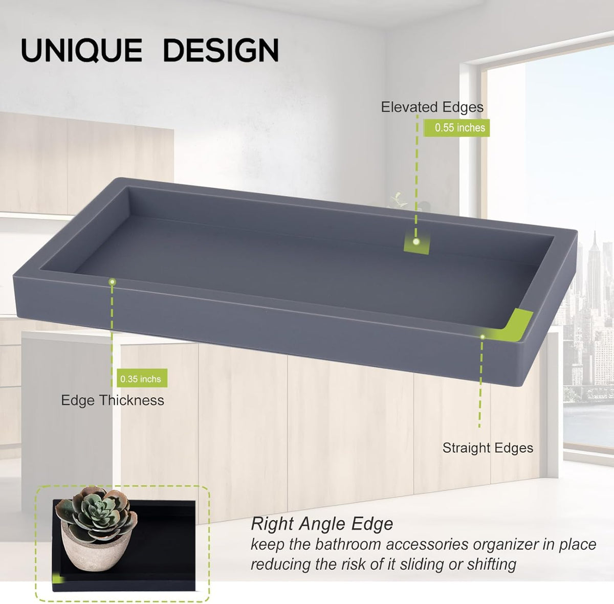 Small Silicone Bathroom Vanity Tray Rectangle Soap and Sponge Holder Kitchen Sink Organizer for Scrubber, Lotion Bottles, Perfume, Jewelry, Candle, Key Trinket Ring, Black