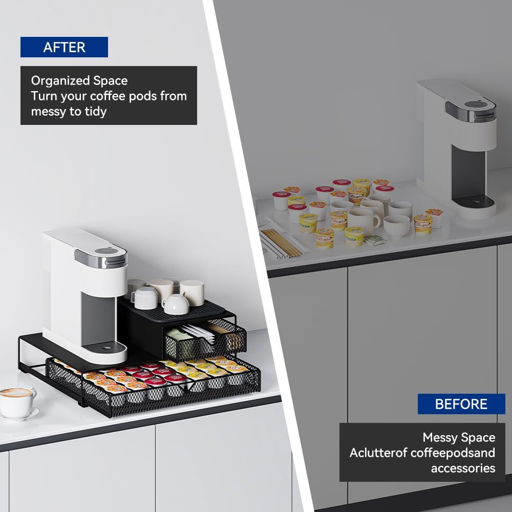 K Cup Organizer for Coffee Station - Sturdy Machine Base 60 Coffee Pod Storage Drawer, Non-Sagging Stand Compatible with Keurig K-Cup Pods, Anti-Vibration, No Assembly (Black)