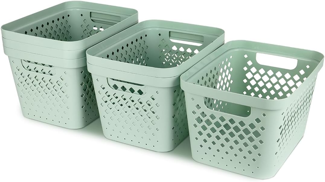 Glad Plastic Baskets for Organizing, Set of 6 | Pantry Storage for Under Counter, Linen Closet, and Bathroom | Nesting Shelf Bins with Handles, 1 Gallon, Grey