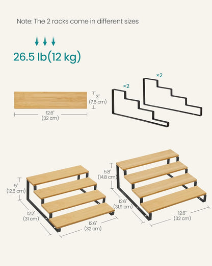 SONGMICS Display Risers, Set of 2 Engineered Wood Perfume Organizer Stand, 4-Tier Cupcake Stand Holder, Spice Rack, Shelf Risers for Figures, Dessert Shelves, Natural Beige and Cloud White UKCS216N02