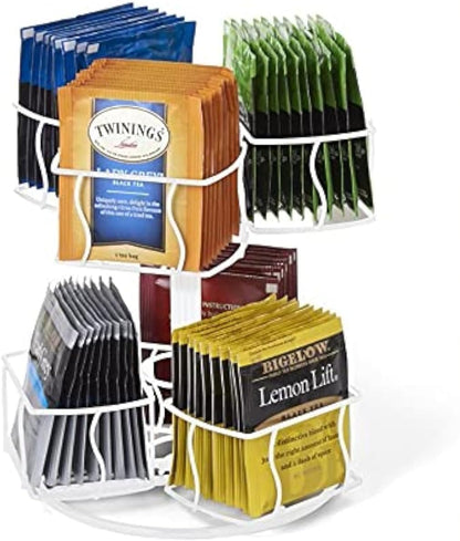 Nifty Tea Bag Spinning Carousel – 6 Compartments, Up to 60 Tea Bags Storage, Spins 360-Degrees, Lazy Susan Platform, Modern White Design, Home or Office Kitchen Counter Organizer