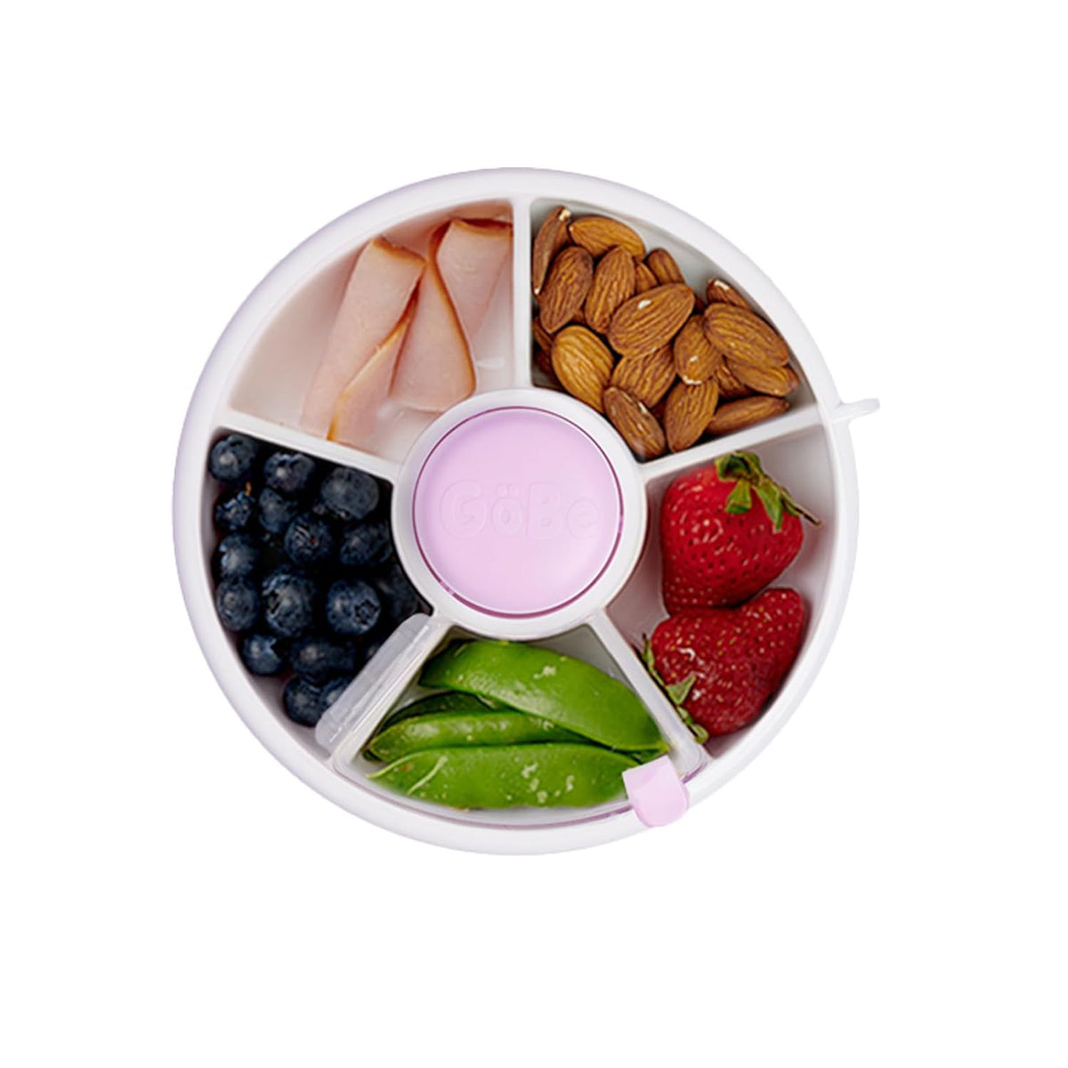 GoBe Kids Small Snack Spinner Slide Bundle with Hand Strap and Sticker Sheet - Reusable Snack Container with 5 Compartment Dispenser and Lid | BPA/PVC Free | Dishwasher Safe | No Spill - Coral Pink