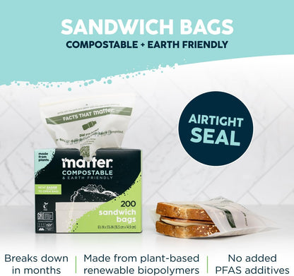 Matter Compostable Assorted Kitchen Bags, 230 Count, Biodegradable, Eco-Friendly Resealable Food Storage Variety Pack, 80 Snack, 80 Sandwich, 50 Quart & 20 Gallon