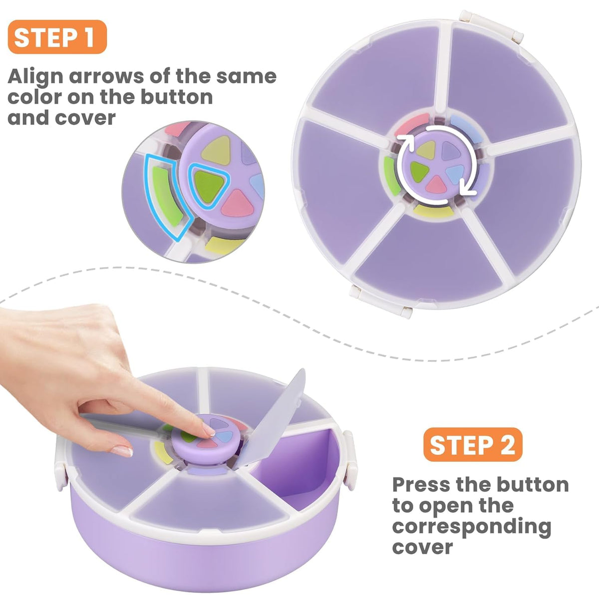 Pawtong Snack Rotator Container Reusable Snack Box with 5 Compartment Dispenser and Lid, Color Matching Opening Lid, BPA and PVC Free, for Home, School, Travel (Purple)