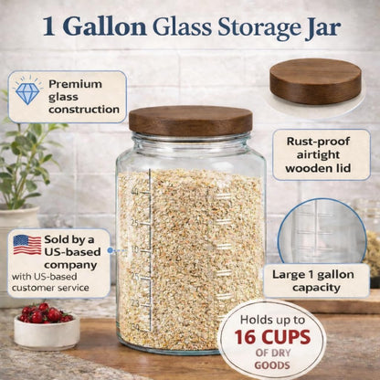 kitchentoolz Extra Large Mason Jar - 1 Gallon Glass Wide Mouth Jar with Airtight Wooden Lid, Food Storage Container with Measurement Markings For Kitchen Pantry, Pickling, Cookies, Flour & Sugar