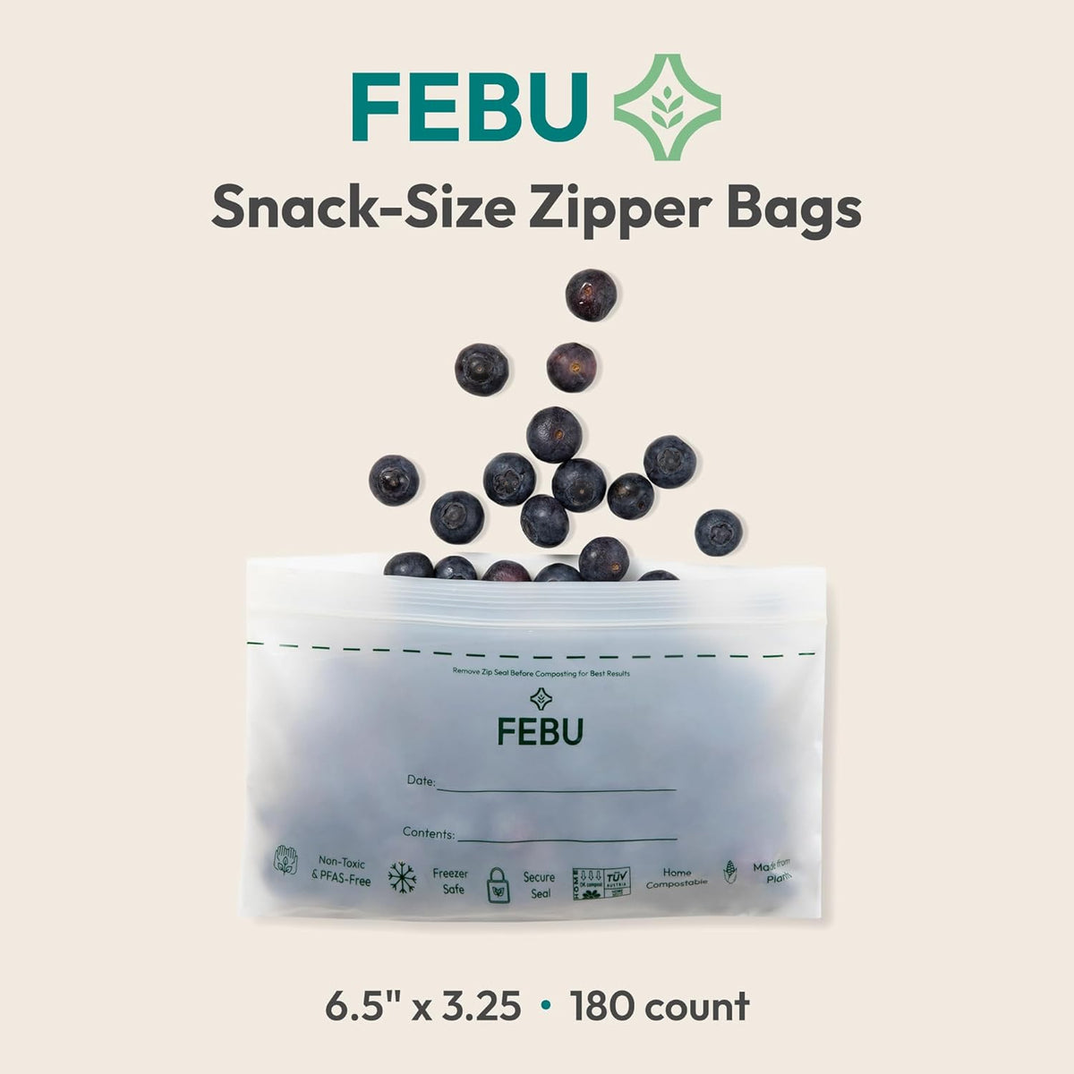FEBU Compostable Food Storage Bags Variety Pack, 260 Count | Compostable & Biodegradable | PFAS & BPA Free | Drawer Organizer Box | 90 Snack, 90 Sandwich, 50 Quart, 30 Gallon