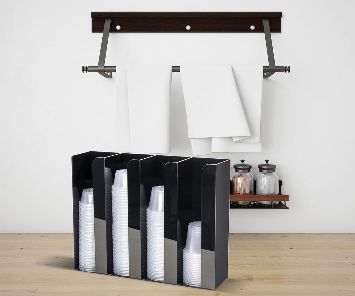 Inevibe Portion Cup and Lid Holder - 4 Compartment Acrylic Organizer for Condiment & Sauce Cups, Fits Cups 2 oz to 5.5 oz in Size, Use Dispenser on Countertop or Wall Mount