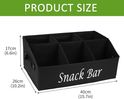 Snack Organizer for Countertop, Trapezoid Fabric Snack Bin Holder with Side Handles, 6 Compartment Snack Basket Container, Lightweight Snack Bar Station Organizer, Kitchen Pantry Storage-Black