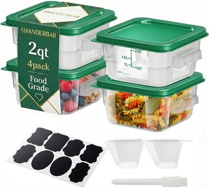 4 Pack 4QT Food Storage Containers with Green Lids, Clear Square Restaurant Commercial Food Storage Containers with Handle and Scale, Marinating Container Dough Rising Bucket for Home & Dining