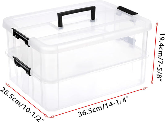 JUXYES 2-Tiers Stack Carry Storage Box With Handle, Transparent Stackable Storage Bin With Handle Lid Latching Storage Container for School & Office Supplies (Red)