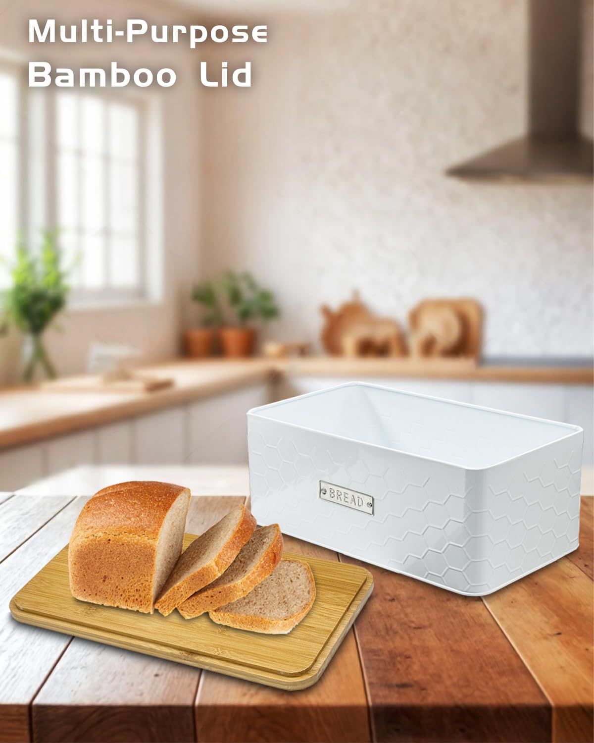 vensovo Bread Box for Countertop – Large White Metal Bread Bin with Bamboo Cutting Board Lid, Farmhouse Bread Storage Container for Homemade Bread, Baked Goods & Kitchen Counter Organization