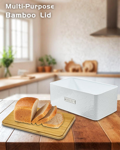 vensovo Bread Box for Countertop – Large White Metal Bread Bin with Bamboo Cutting Board Lid, Farmhouse Bread Storage Container for Homemade Bread, Baked Goods & Kitchen Counter Organization