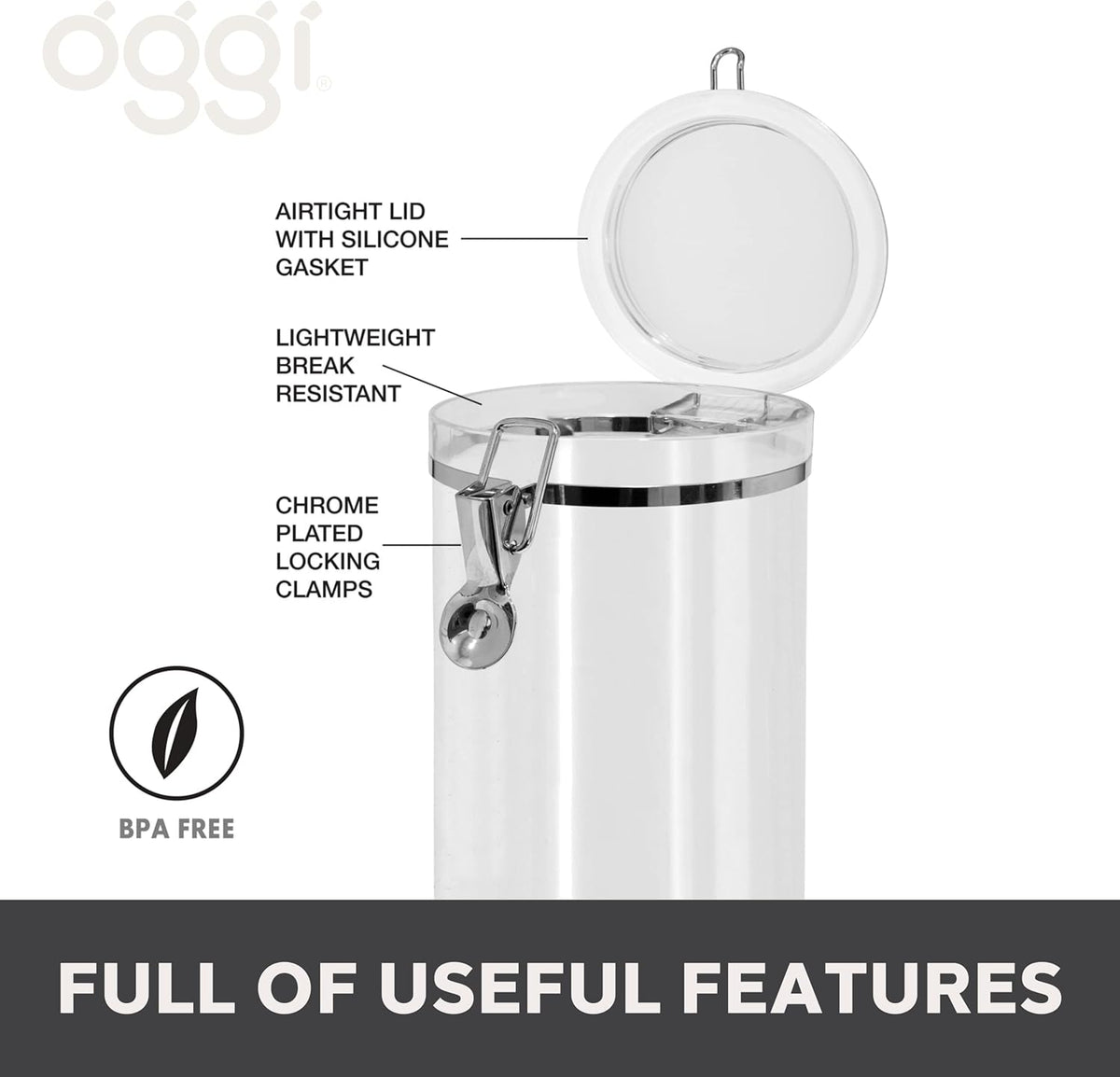 Oggi Clear Canister with Clamp Lid, 28 oz - Large Airtight Food Storage Container, for Kitchen & Pantry Storage of Bulk, Dry Foods Including Pasta, Flour, Sugar, Coffee, Rice, Tea, Spices & Herbs