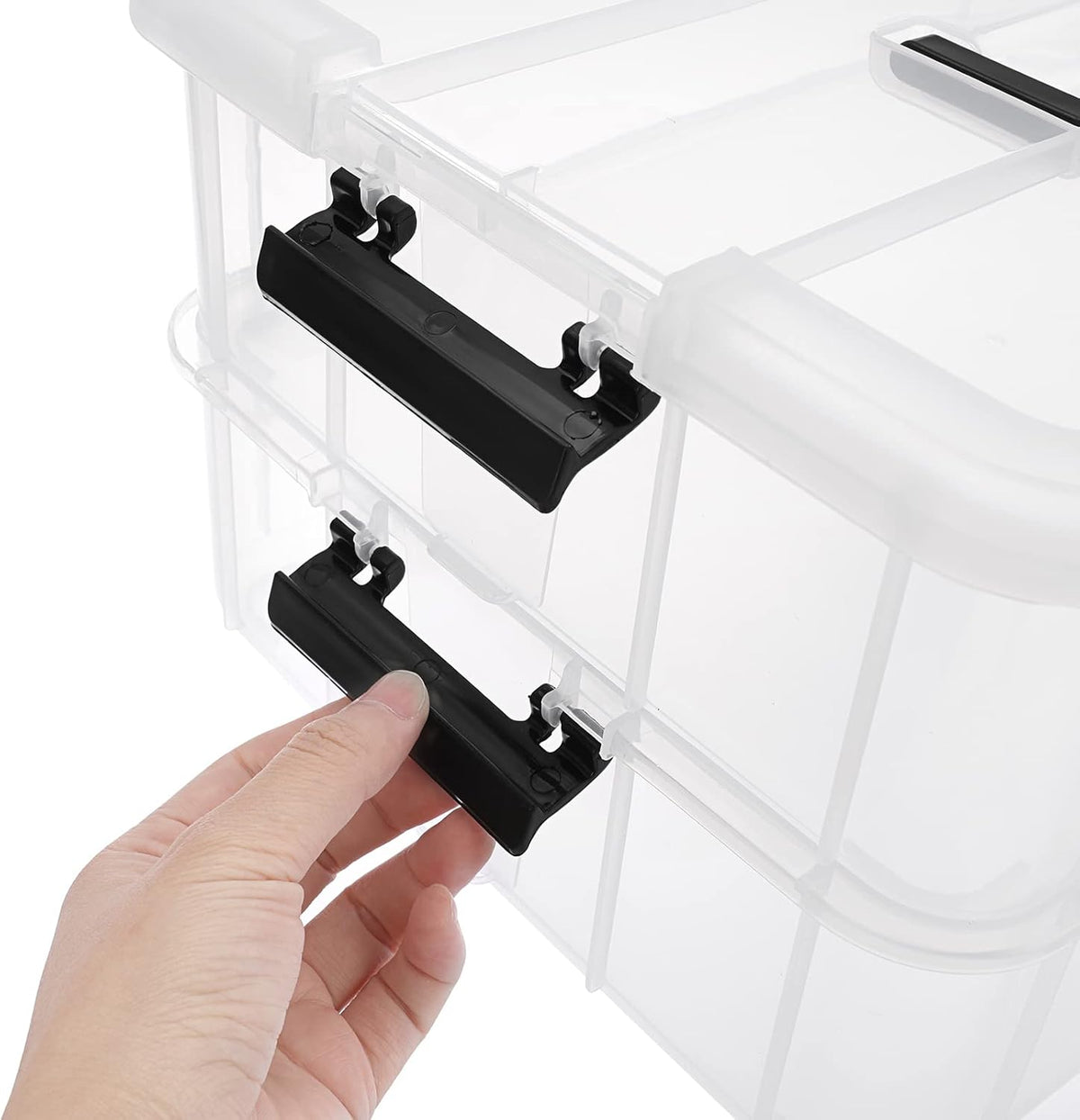 JUXYES 2-Tiers Stack Carry Storage Box With Handle, Transparent Stackable Storage Bin With Handle Lid Latching Storage Container for School & Office Supplies (Red)
