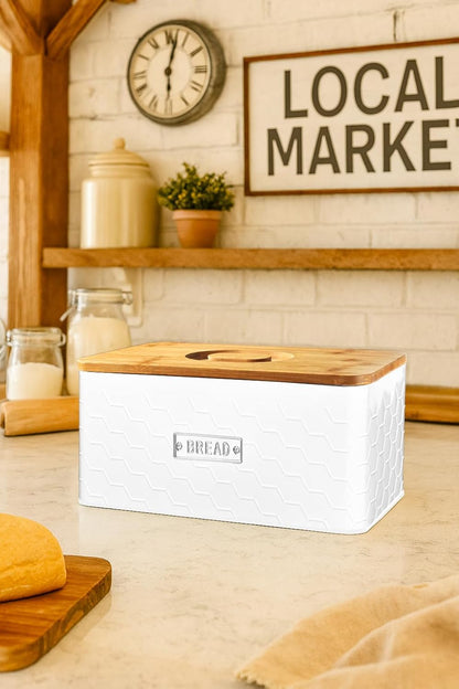 vensovo Bread Box for Countertop – Large White Metal Bread Bin with Bamboo Cutting Board Lid, Farmhouse Bread Storage Container for Homemade Bread, Baked Goods & Kitchen Counter Organization